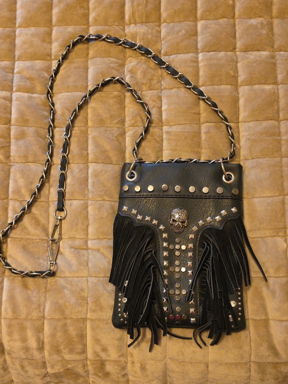 Black Fringe Studded Crossbody Bag with Skull Accent